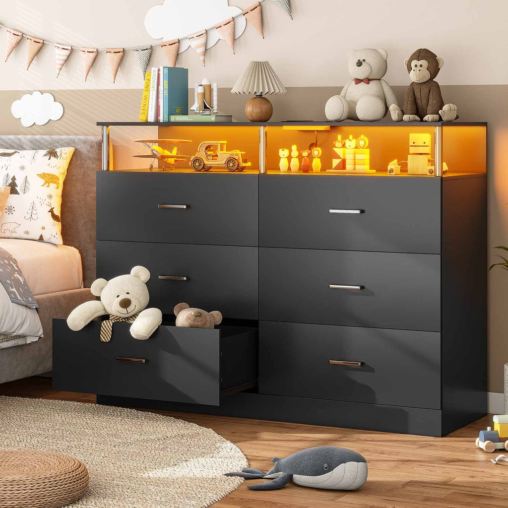 Black six-drawer dresser with LED-lit open shelving