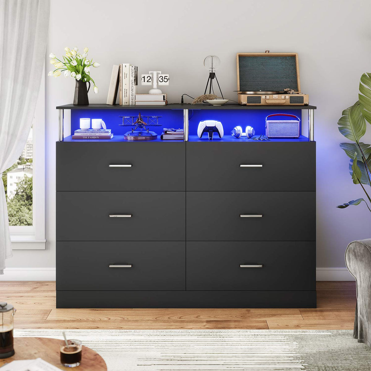 Black six-drawer dresser with LED-lit open shelving