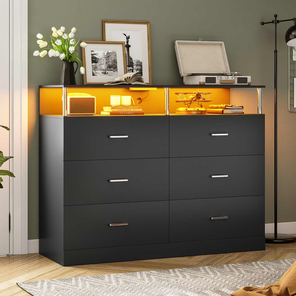 Black six-drawer dresser with LED-lit open shelving