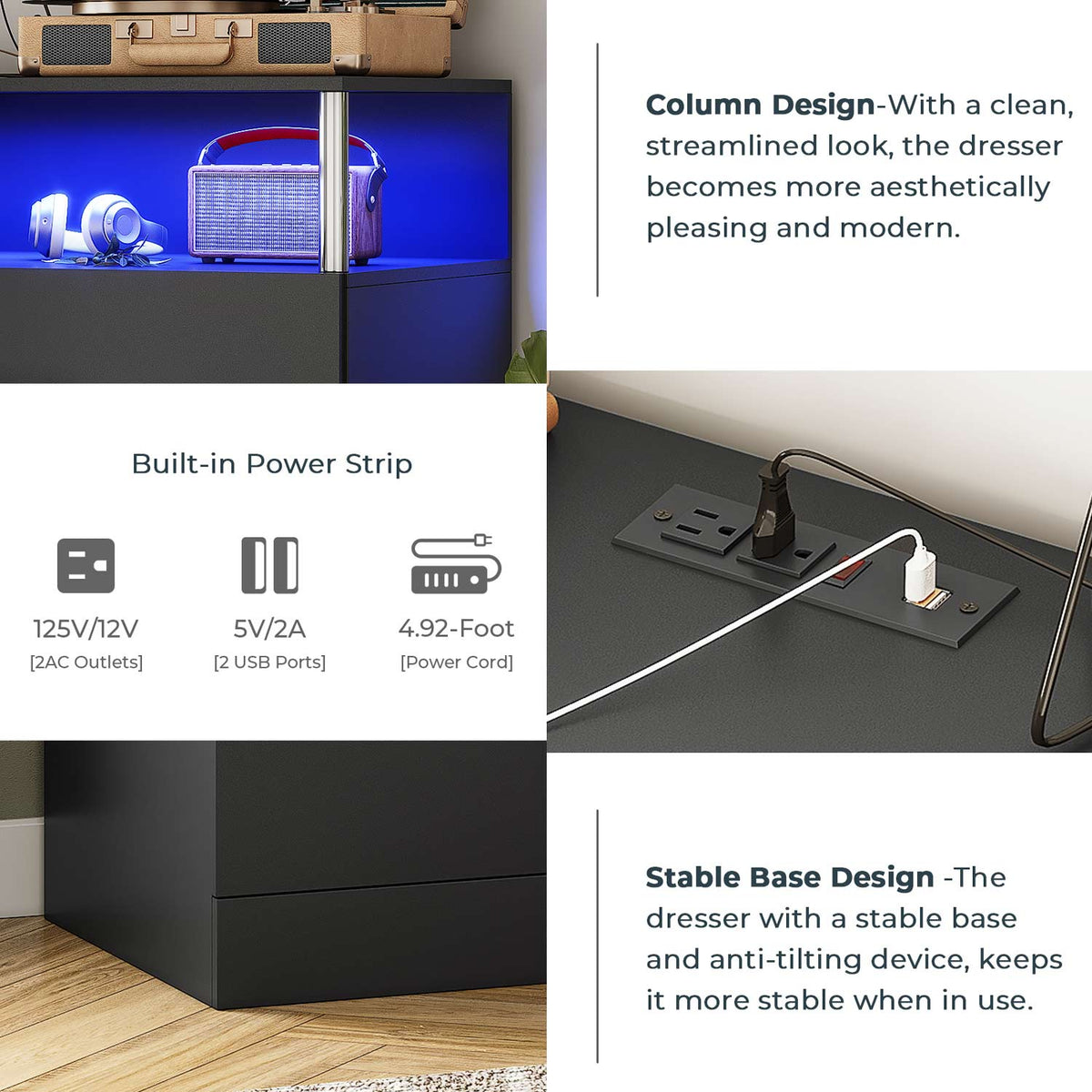 Black six-drawer dresser with LED-lit open shelving