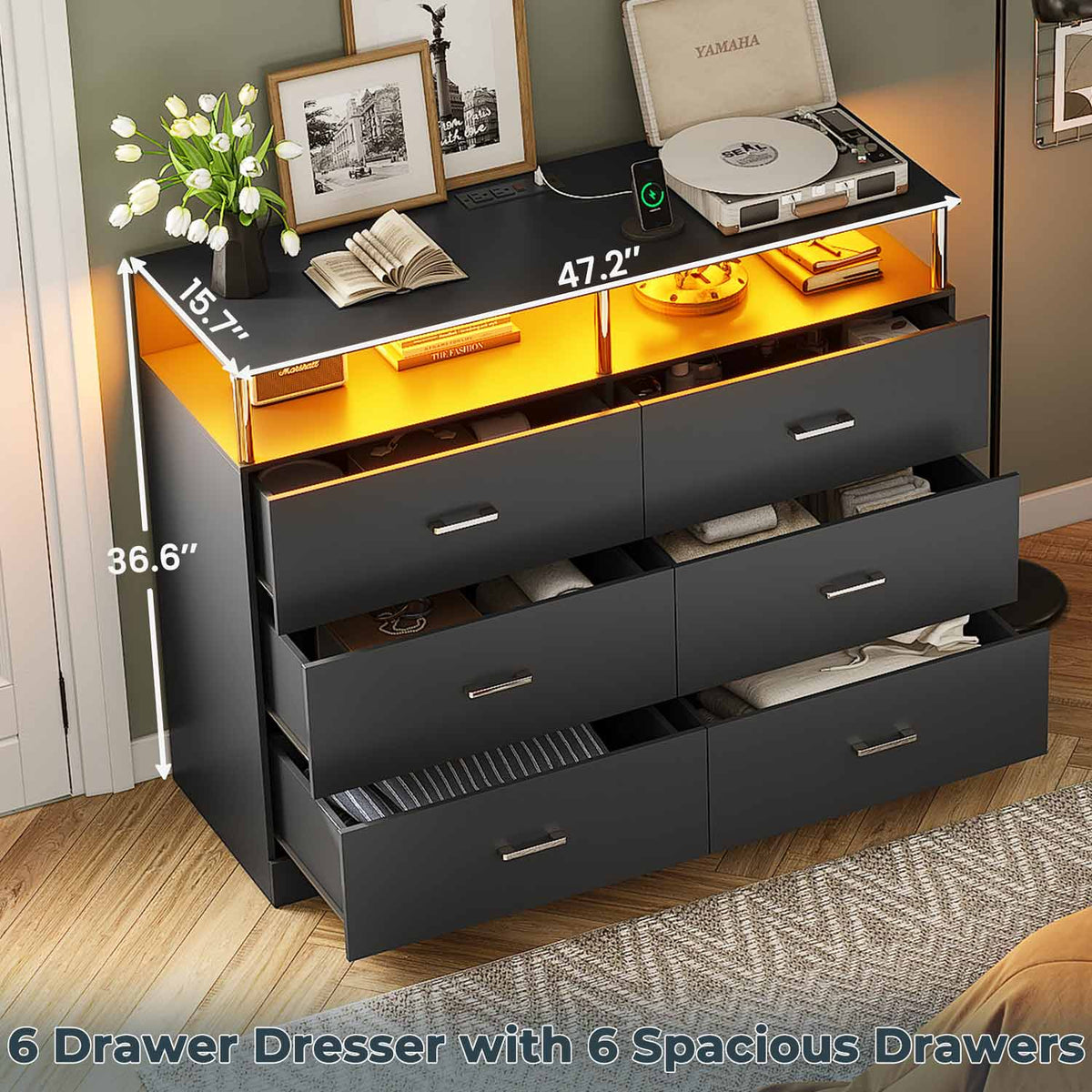 Black six-drawer dresser with LED-lit open shelving