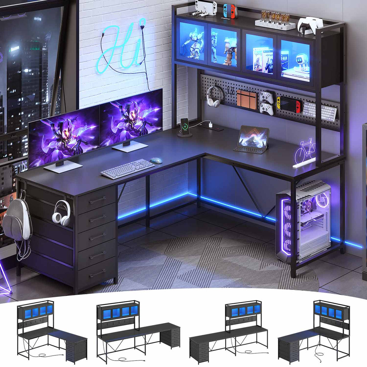 Black reversible L shaped gaming desk with LED storage panels and drawers