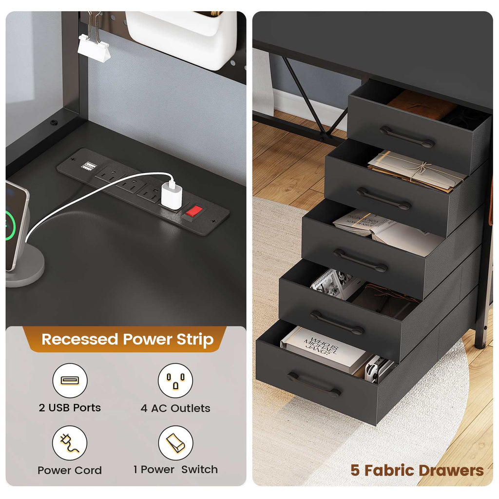Black reversible L shaped gaming desk with LED storage panels and drawers