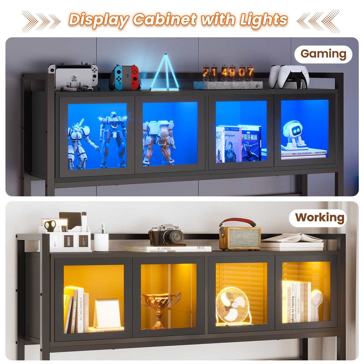 Black reversible L shaped gaming desk with LED storage panels and drawers