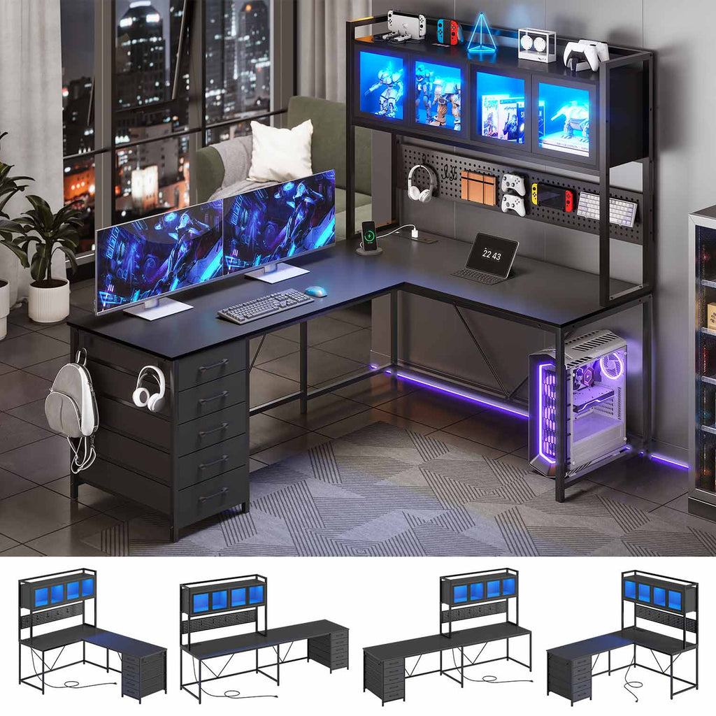 Black reversible L shaped gaming desk with LED storage panels and drawers