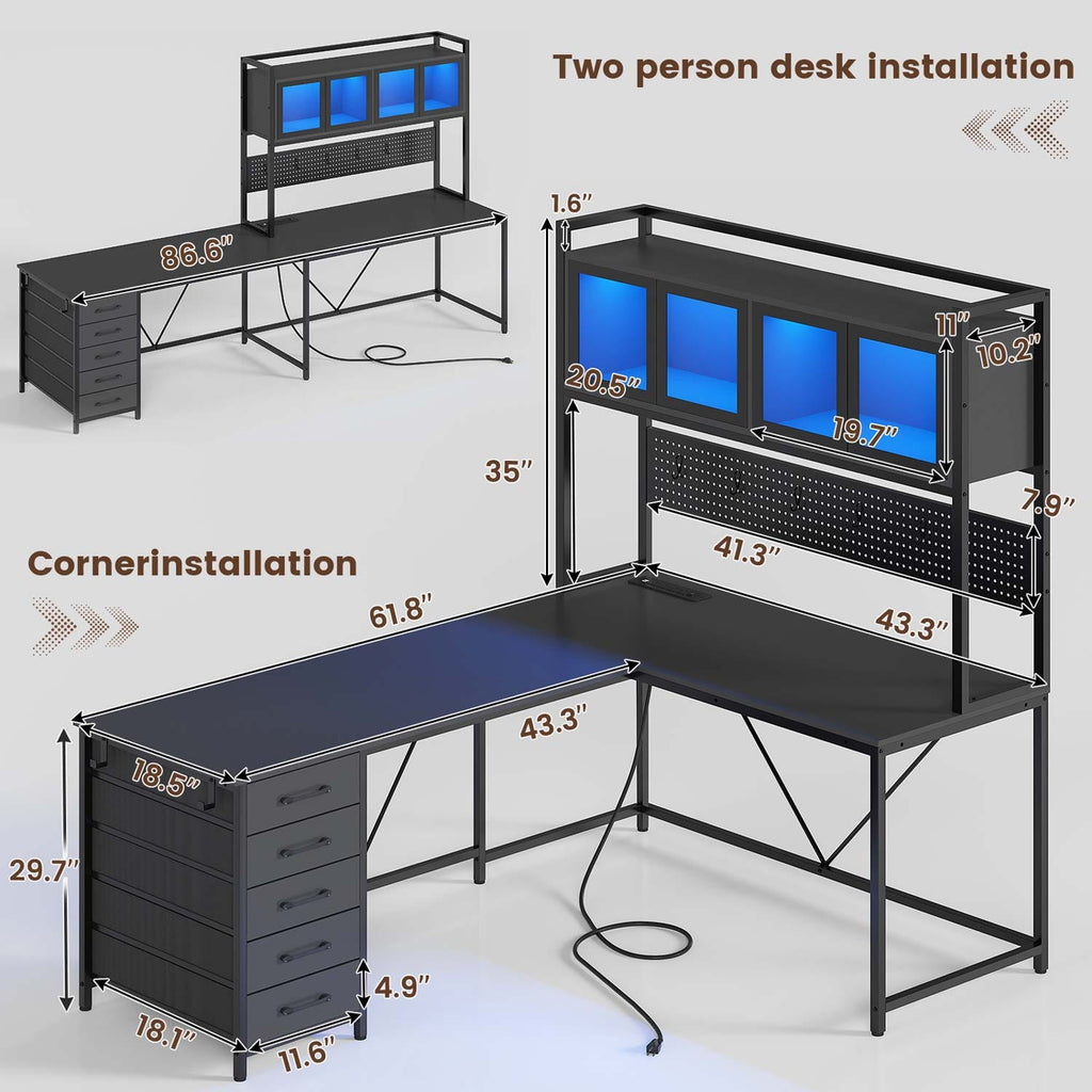 Black reversible L shaped gaming desk with LED storage panels and drawers