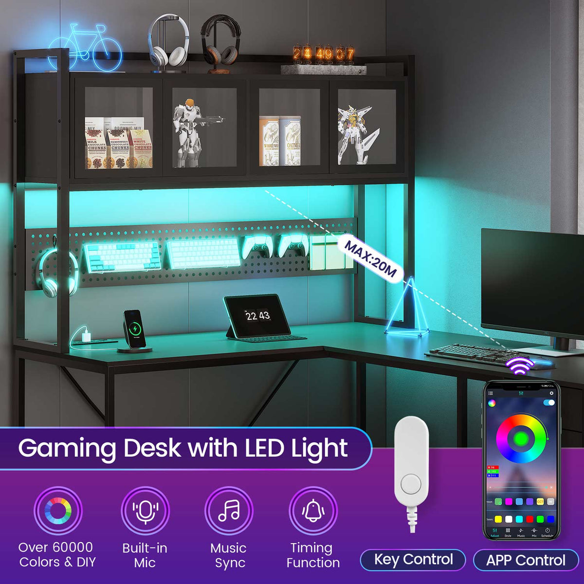 Black reversible L shaped gaming desk with LED storage panels and drawers