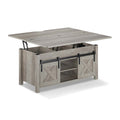 Grey lift top coffee table with hidden storage and sliding barn-style doors