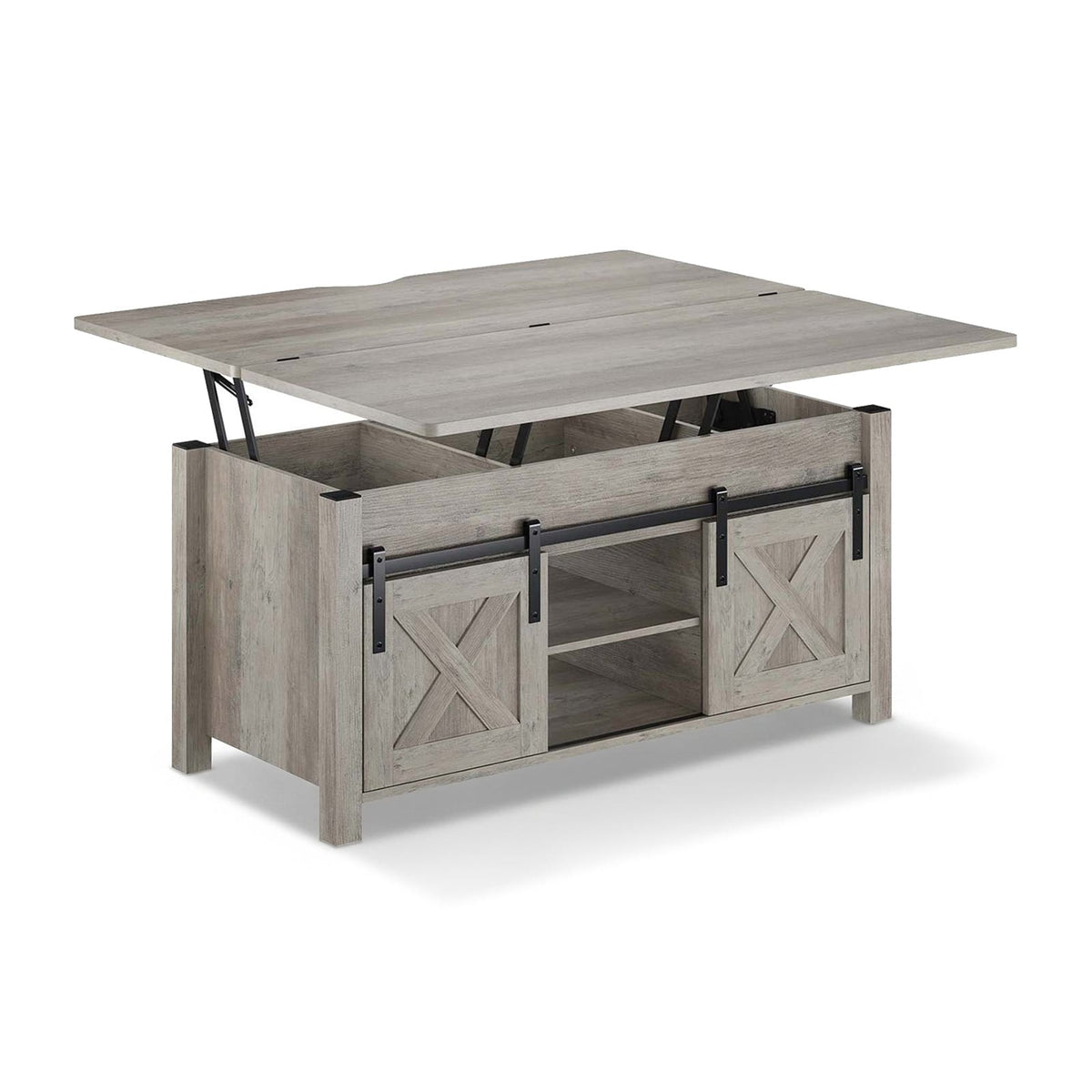 Grey lift top coffee table with hidden storage and sliding barn-style doors