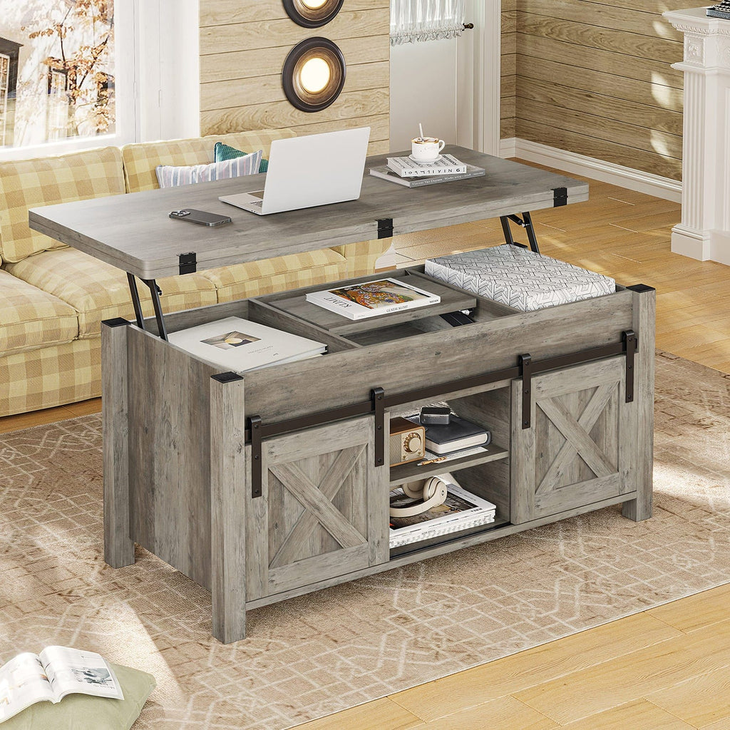 Grey lift top coffee table with hidden storage and sliding barn-style doors