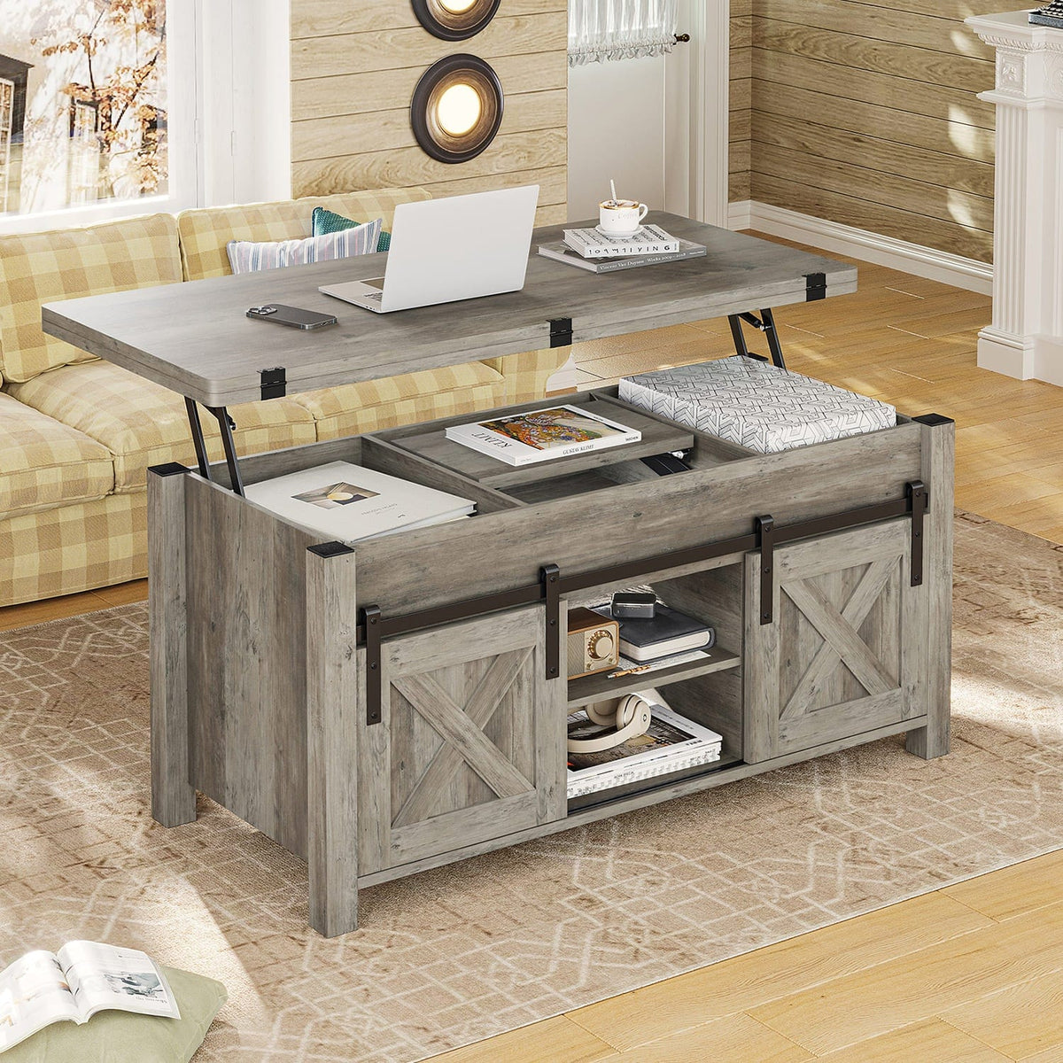 Grey lift top coffee table with hidden storage and sliding barn-style doors