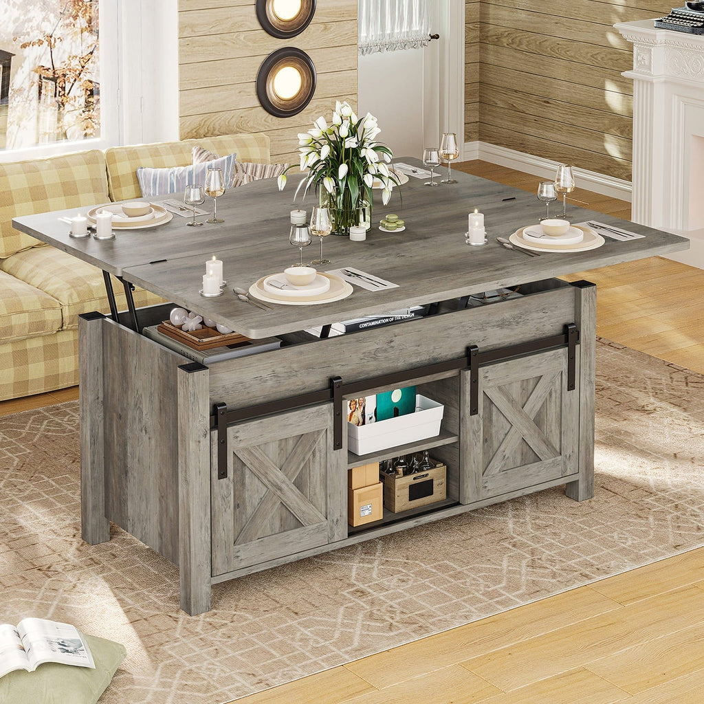 Grey lift top coffee table with hidden storage and sliding barn-style doors