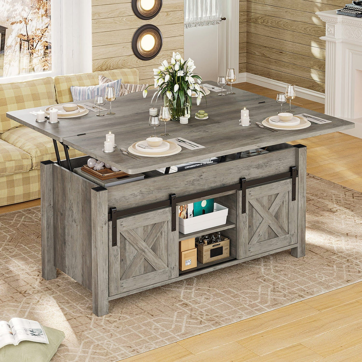 Grey lift top coffee table with hidden storage and sliding barn-style doors