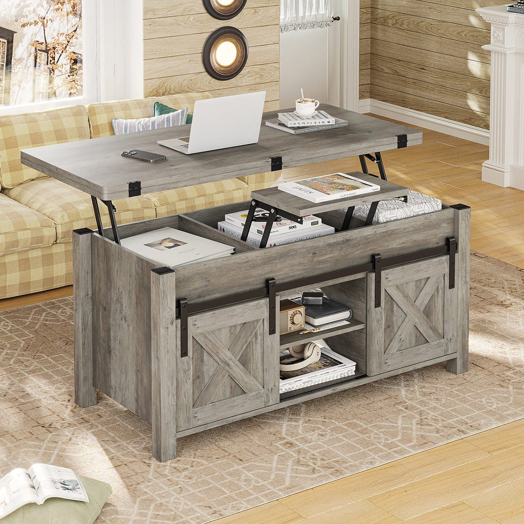 Grey lift top coffee table with hidden storage and sliding barn-style doors
