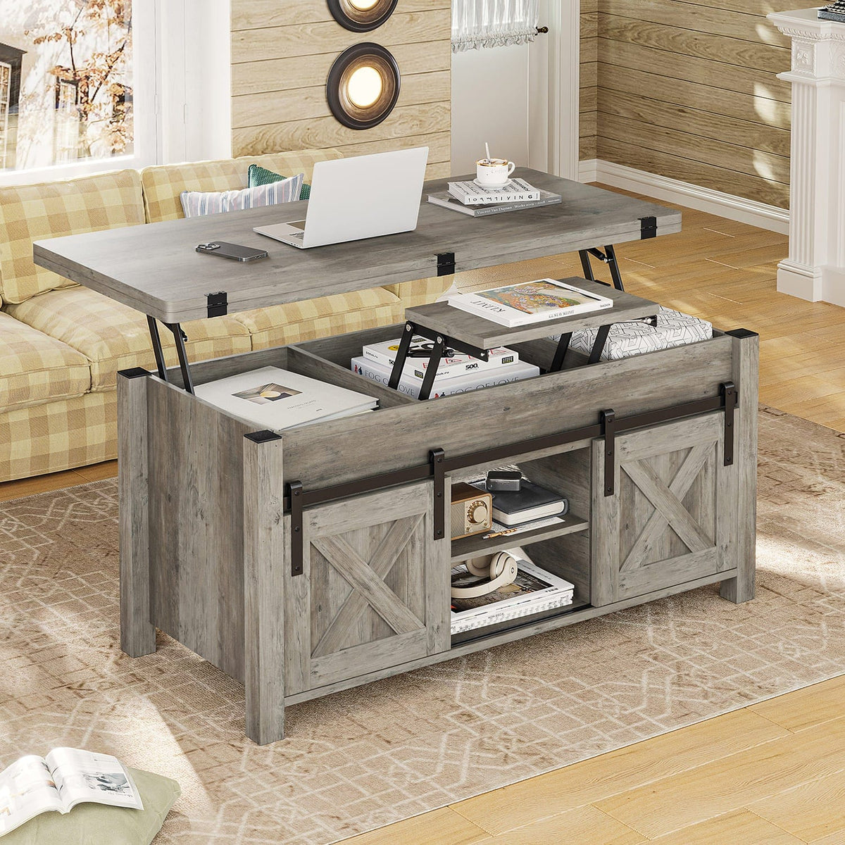 Grey lift top coffee table with hidden storage and sliding barn-style doors