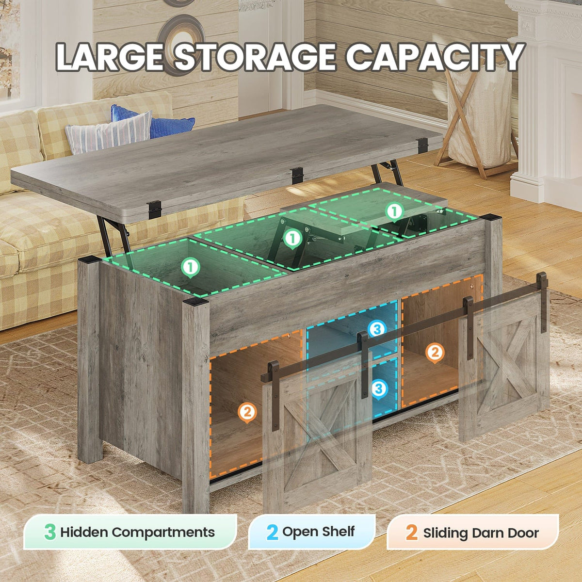 Grey lift top coffee table with hidden storage and sliding barn-style doors