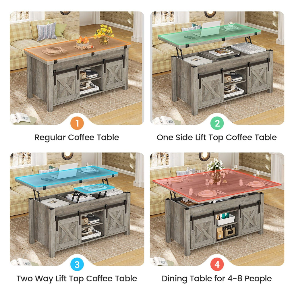 Grey lift top coffee table with hidden storage and sliding barn-style doors