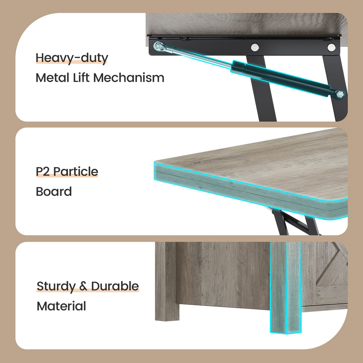 Grey lift top coffee table with hidden storage and sliding barn-style doors
