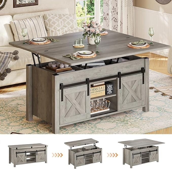 Grey lift top coffee table with hidden storage and sliding barn-style doors