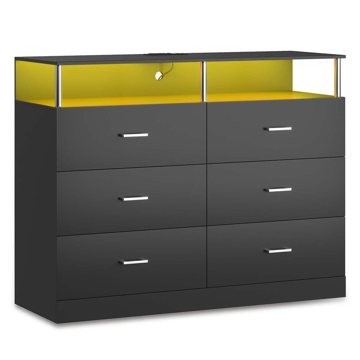 Black six-drawer dresser with LED-lit open shelving