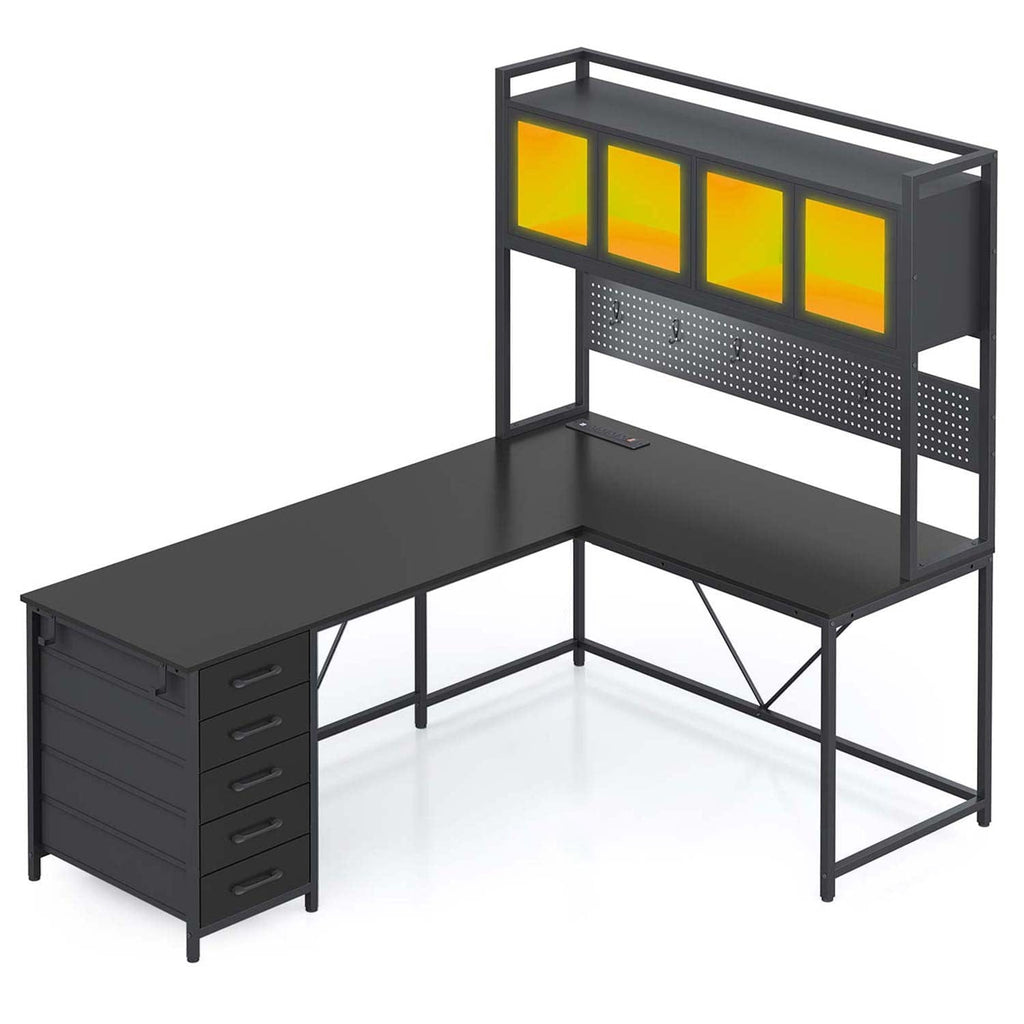 Black reversible L shaped gaming desk with LED storage panels and drawers