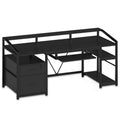 Black gaming desk with LED lighting, drawers, keyboard tray and shelves