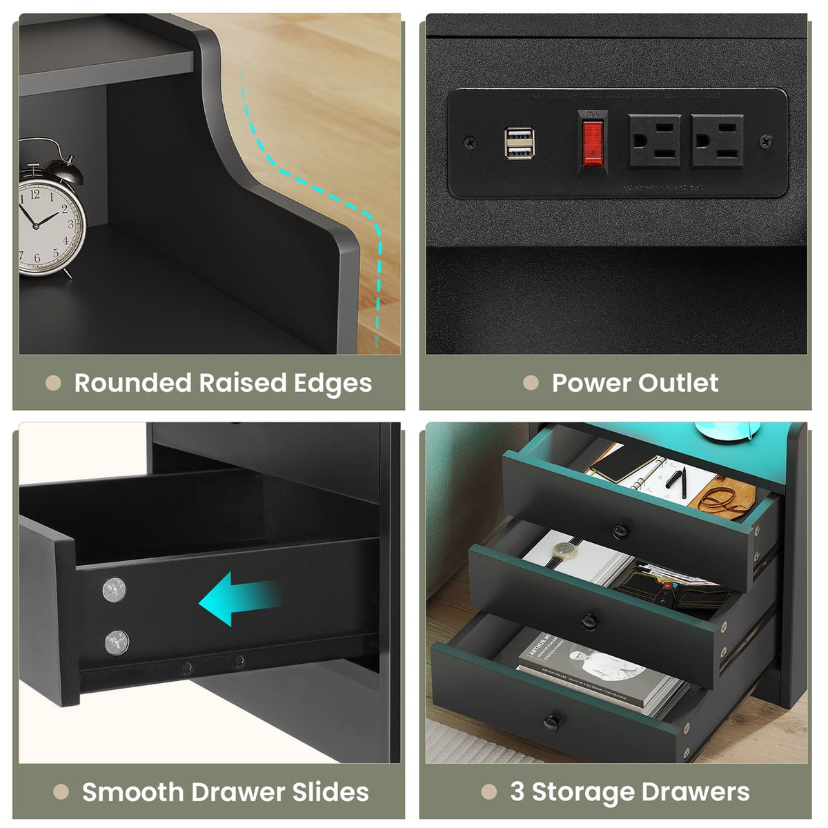 Black LED nightstand with three drawers, open shelf and integrated power panel