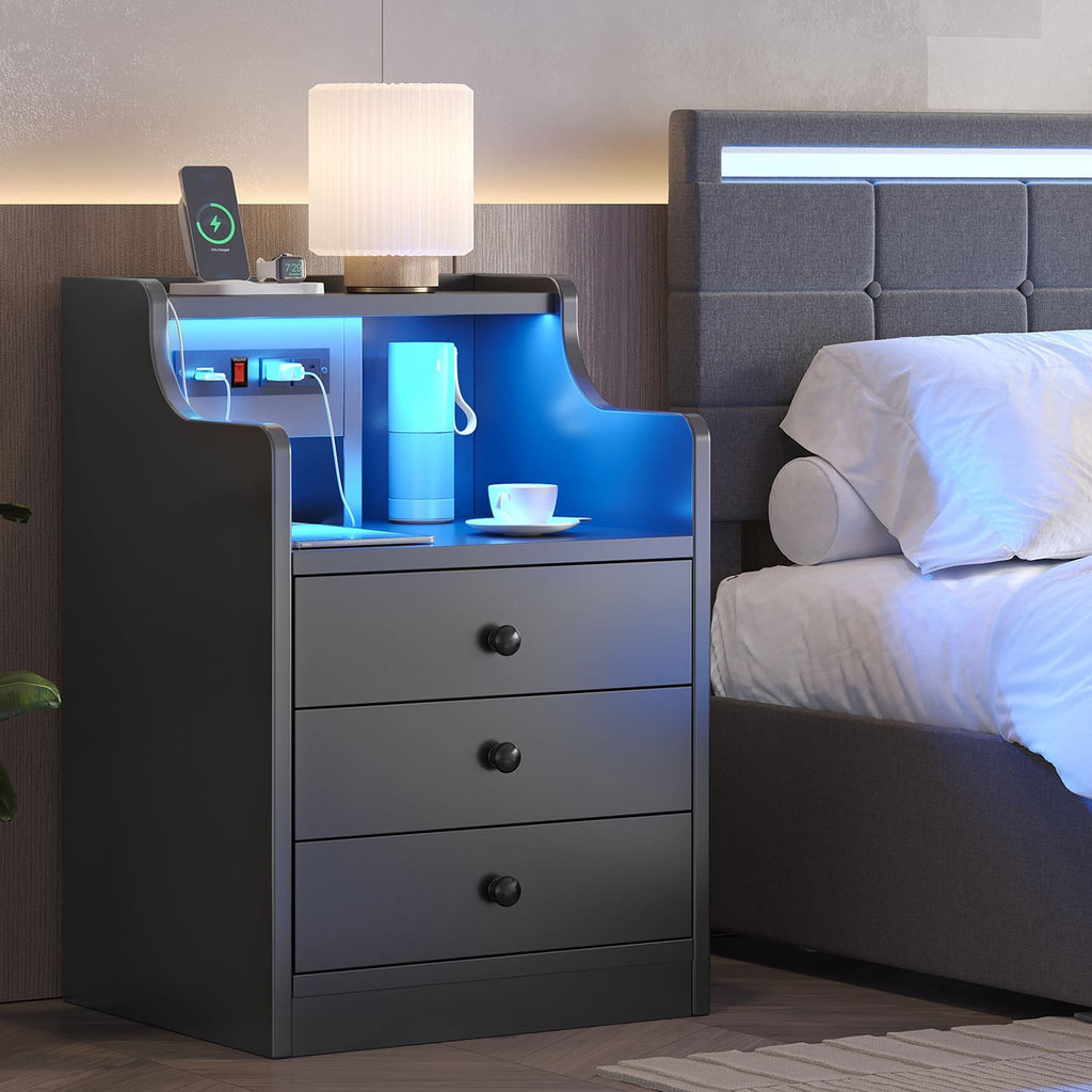 Black LED nightstand with three drawers, open shelf and integrated power panel