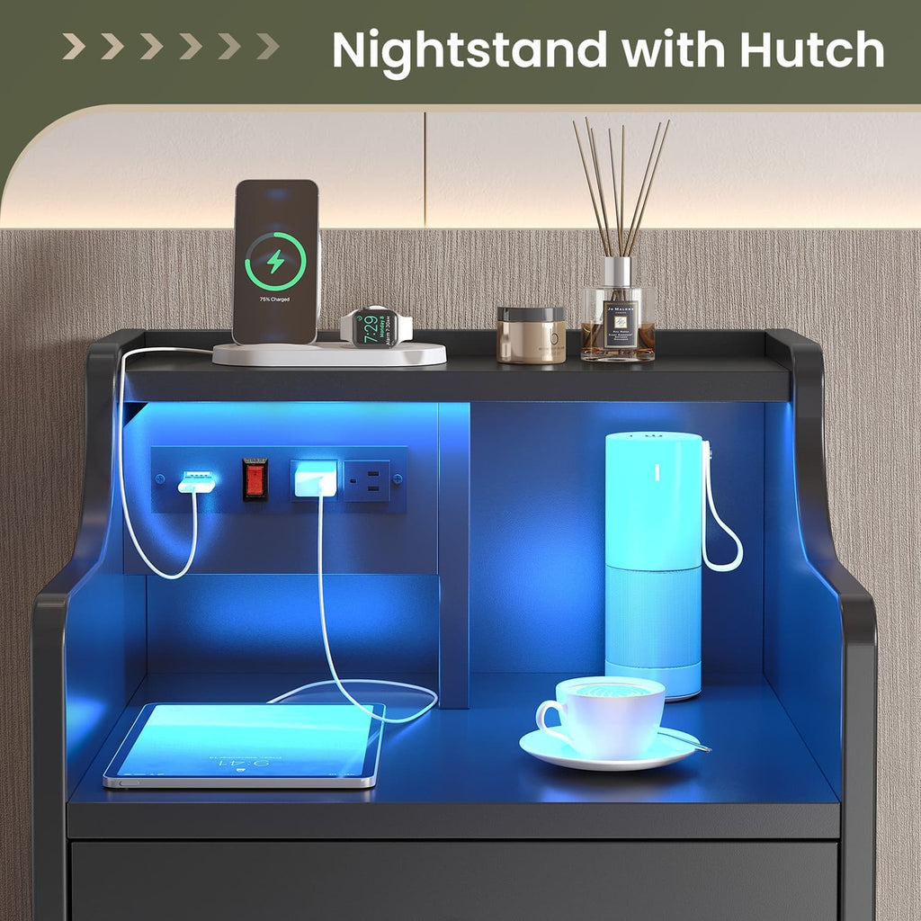 Black LED nightstand with three drawers, open shelf and integrated power panel