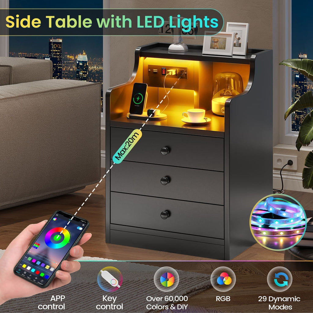 Black LED nightstand with three drawers, open shelf and integrated power panel