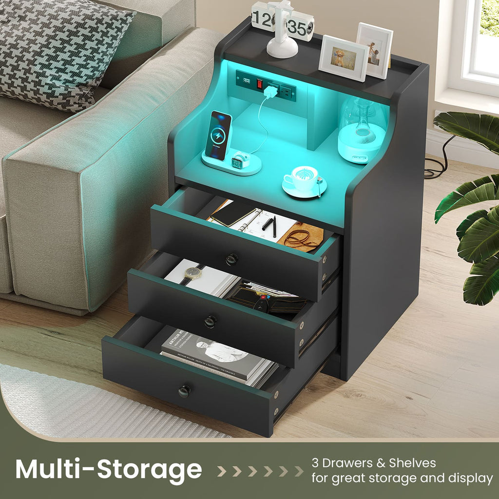 Black LED nightstand with three drawers, open shelf and integrated power panel
