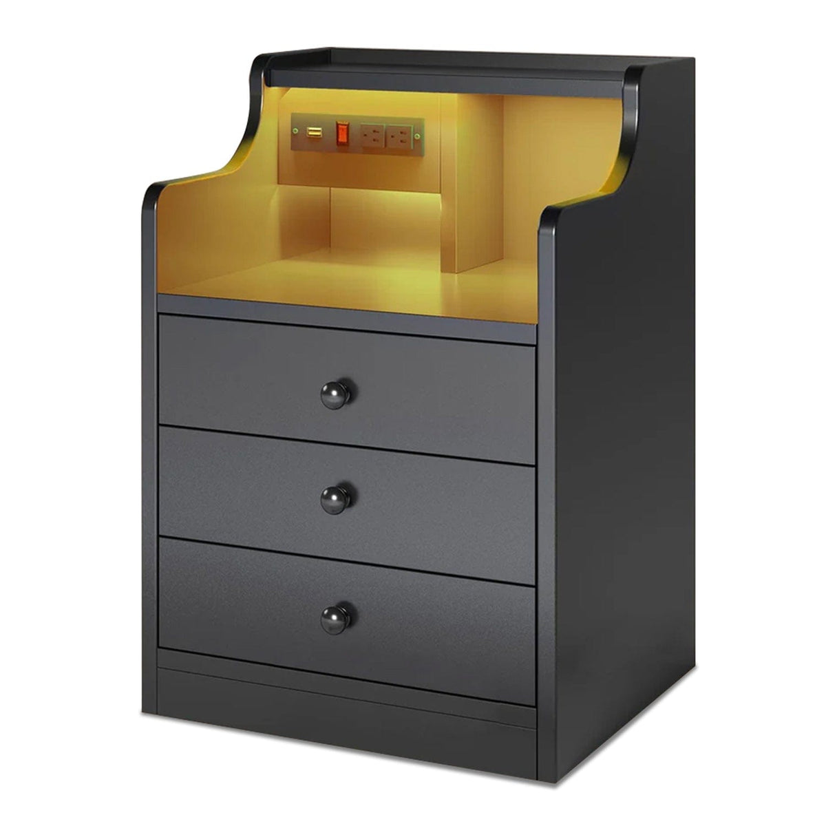 Black LED nightstand with three drawers, open shelf and integrated power panel
