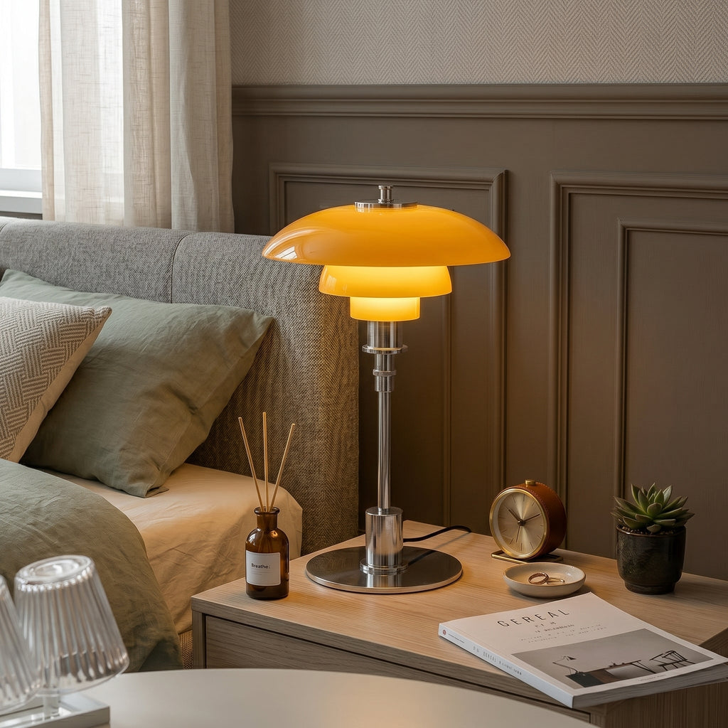 LED table lamp with layered dome shade and round base