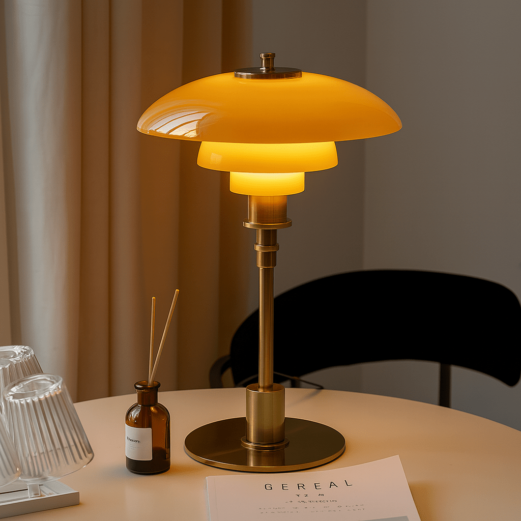 LED table lamp with layered dome shade and round base