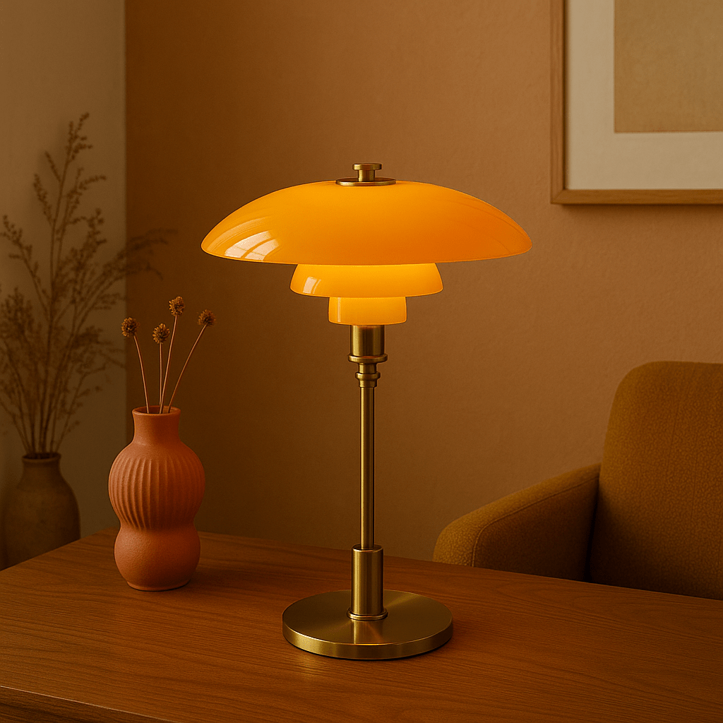 LED table lamp with layered dome shade and round base