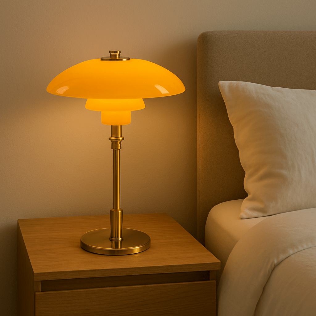 LED table lamp with layered dome shade and round base
