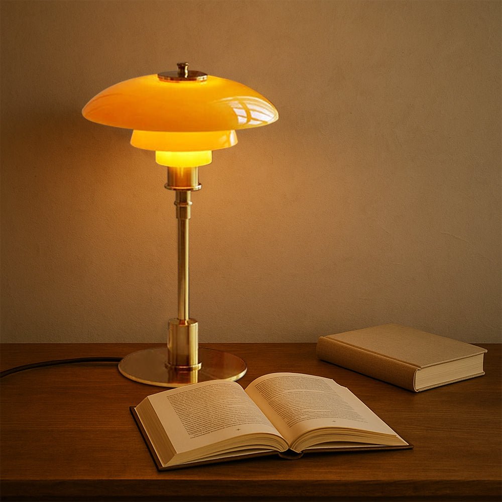 LED table lamp with layered dome shade and round base