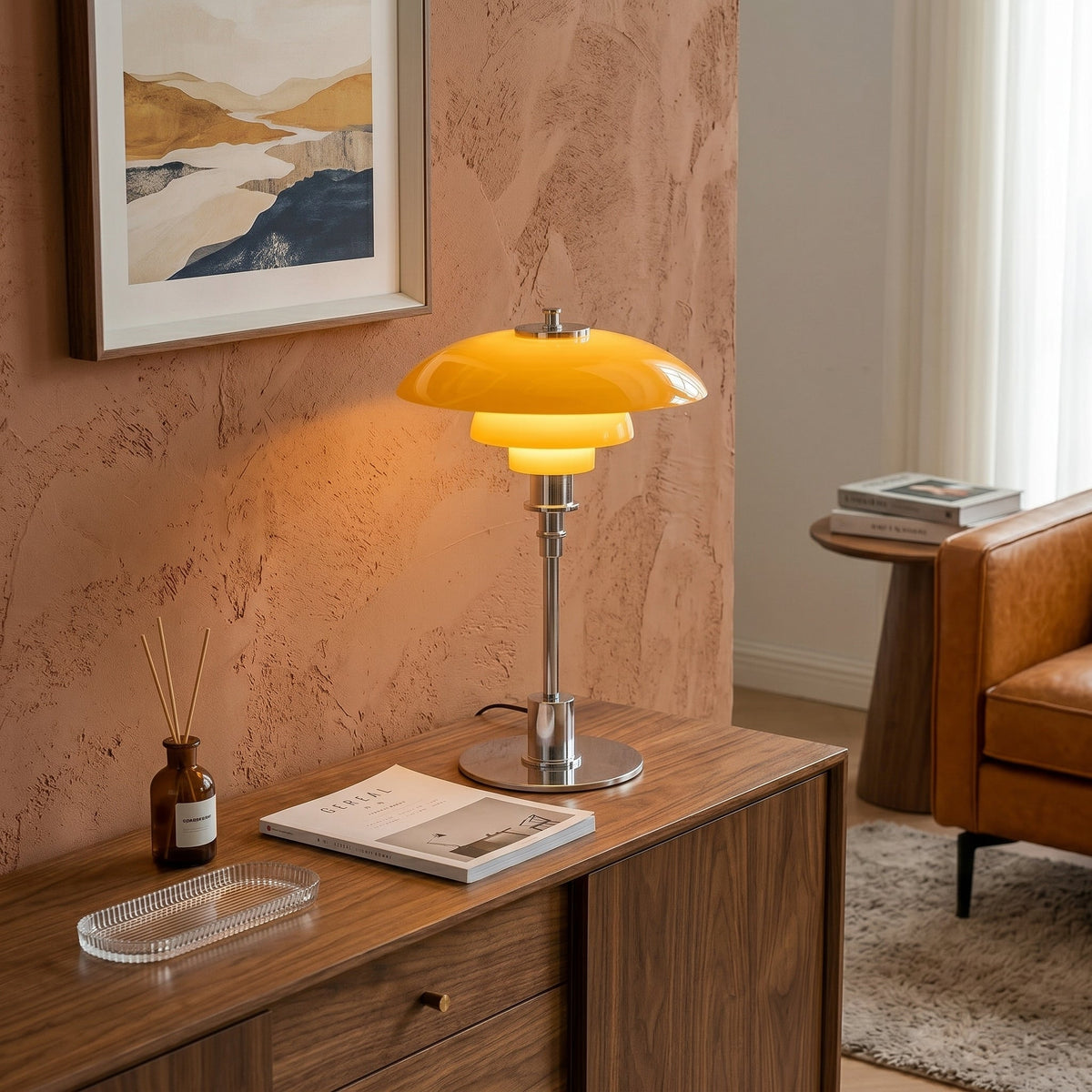 LED table lamp with layered dome shade and round base