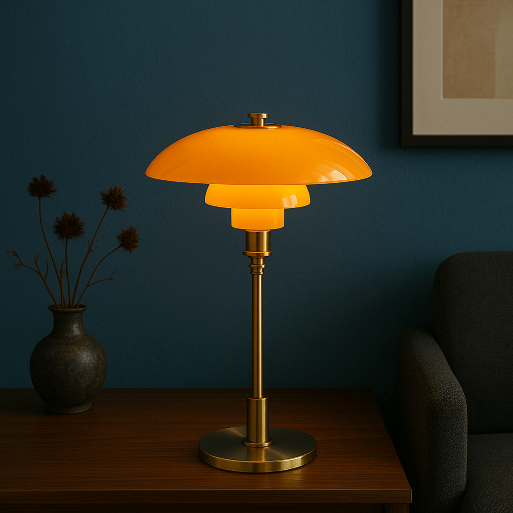 LED table lamp with layered dome shade and round base