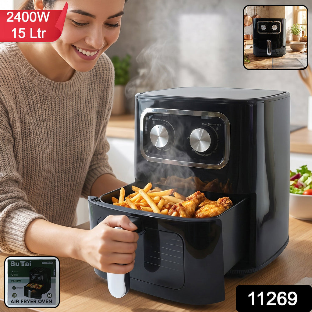 Black 15 litre air fryer oven with front cooking drawer and two rotary controls