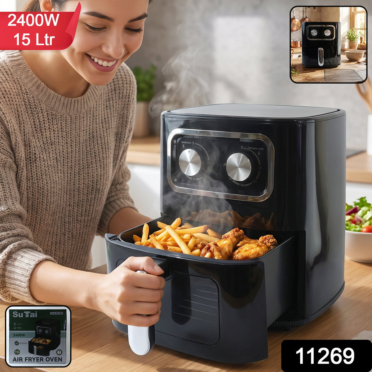 Black 15 litre air fryer oven with front cooking drawer and two rotary controls