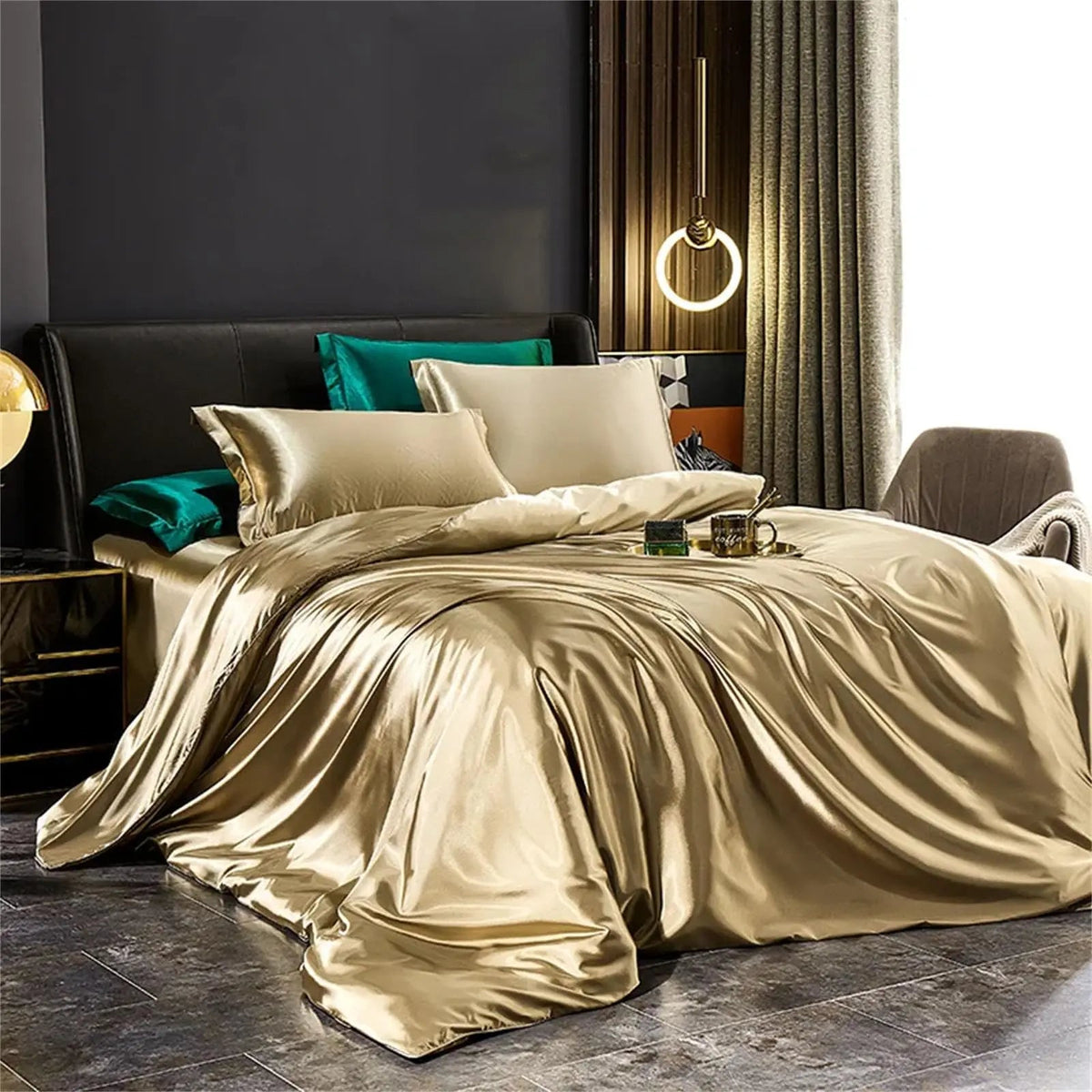 Smooth plain bedding set arranged on a bed with duvet cover, sheet and pillowcases