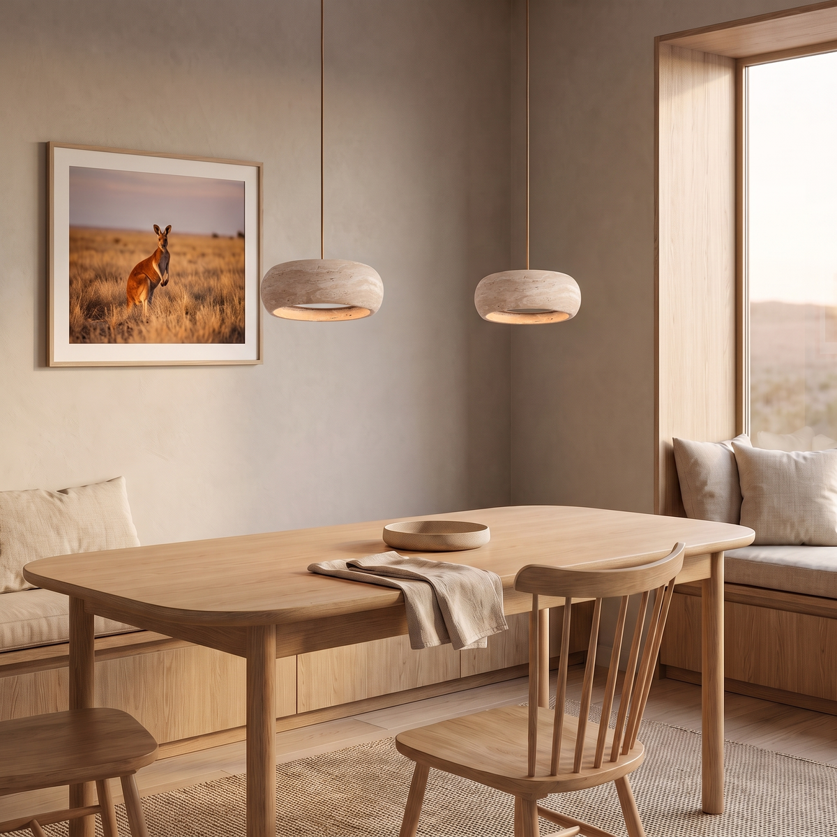Beige textured travertine pendant light with black cord and ceiling mount