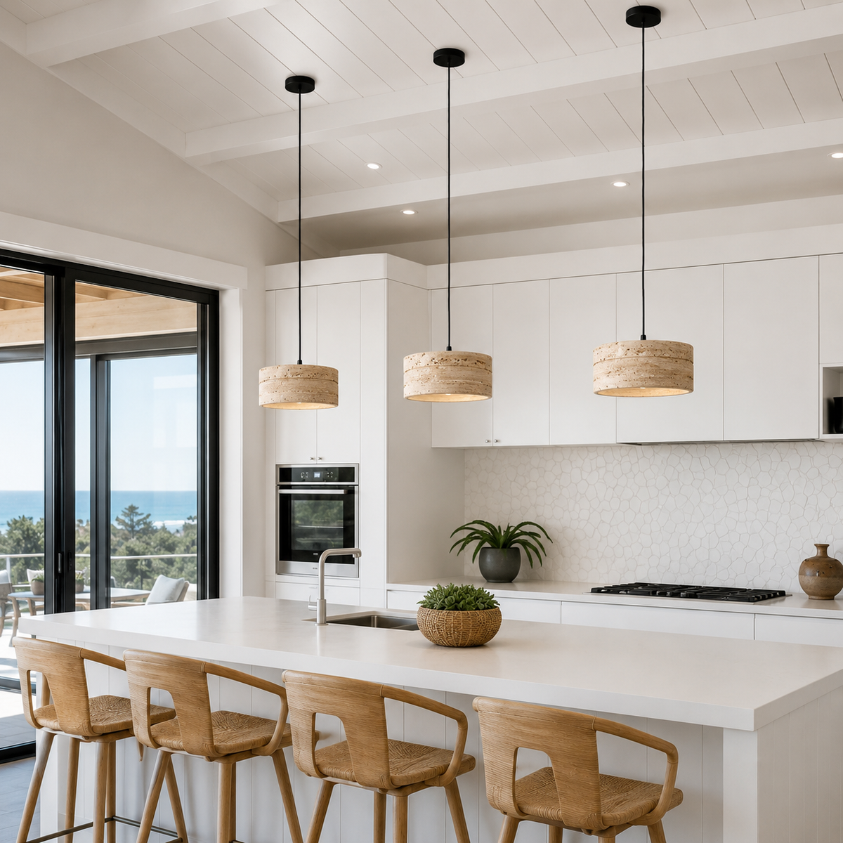 Beige textured travertine pendant light with black cord and ceiling mount