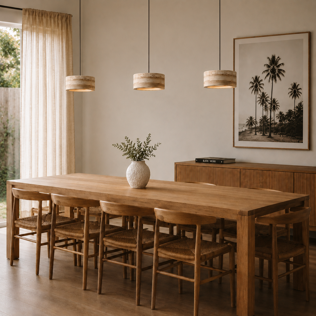 Beige textured travertine pendant light with black cord and ceiling mount