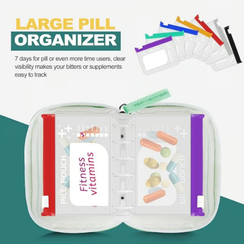 Weekly pill organiser with clear labelled pouches in a zipped case