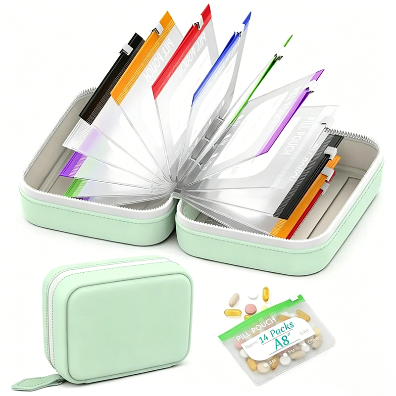 Weekly pill organiser with clear labelled pouches in a zipped case