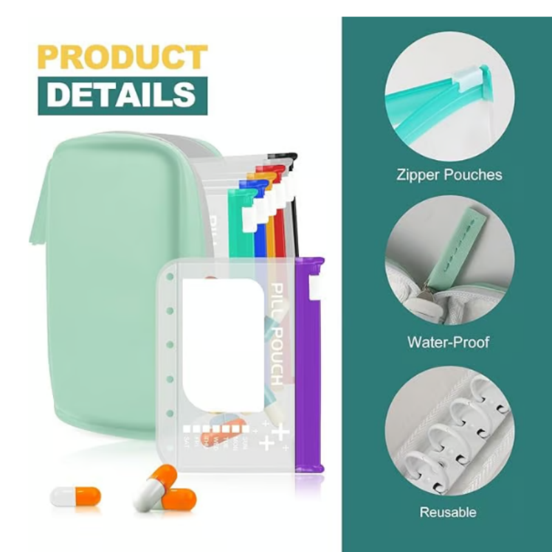 Weekly pill organiser with clear labelled pouches in a zipped case