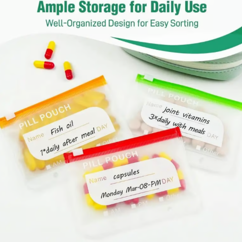 Weekly pill organiser with clear labelled pouches in a zipped case
