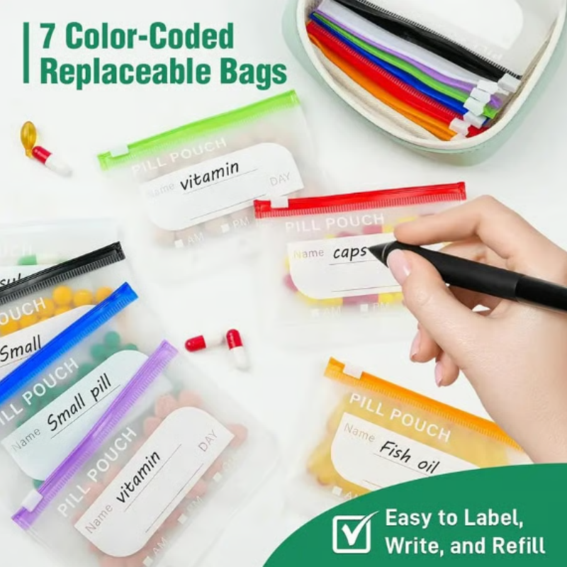 Weekly pill organiser with clear labelled pouches in a zipped case